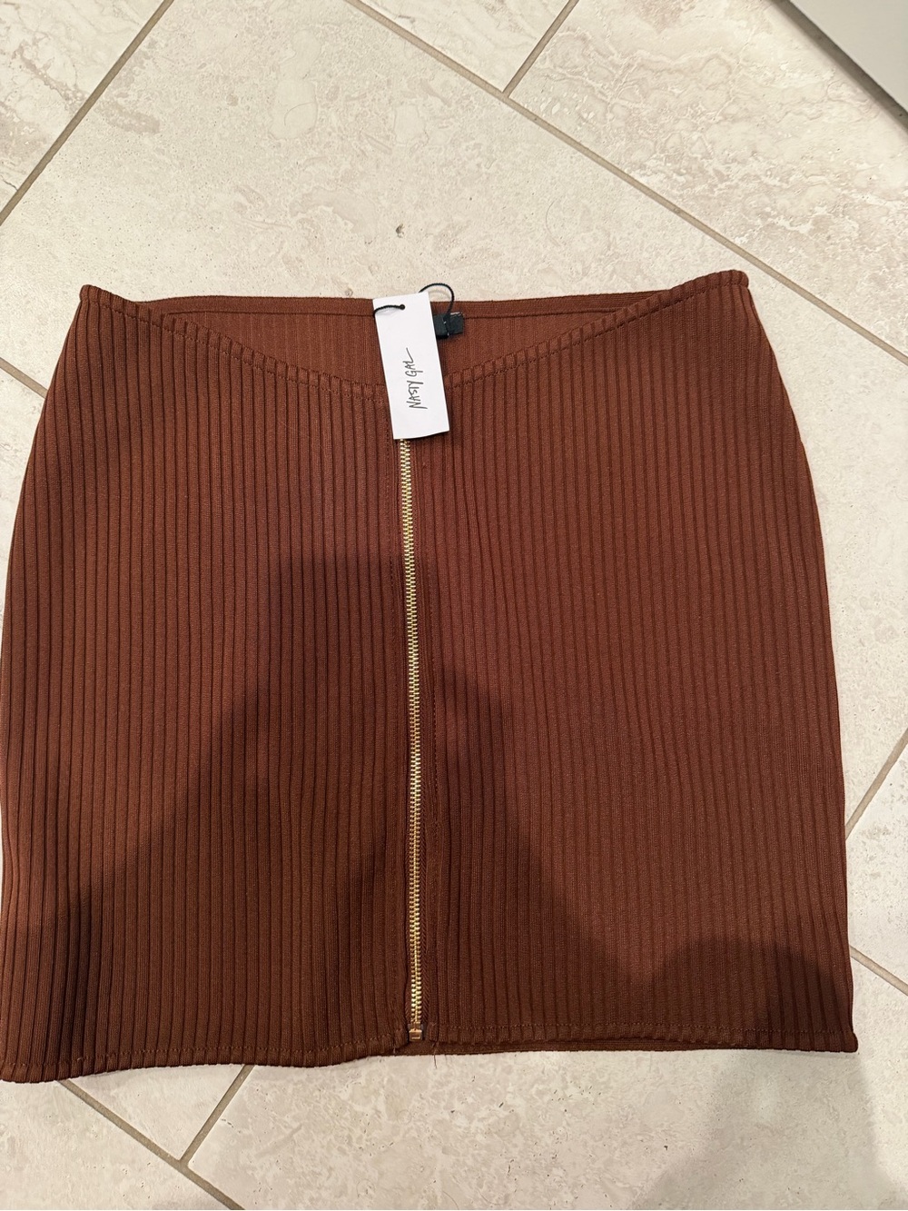 Nasty Gal Ribbed Chocolate Brown Mini Skirt with Gold Zip